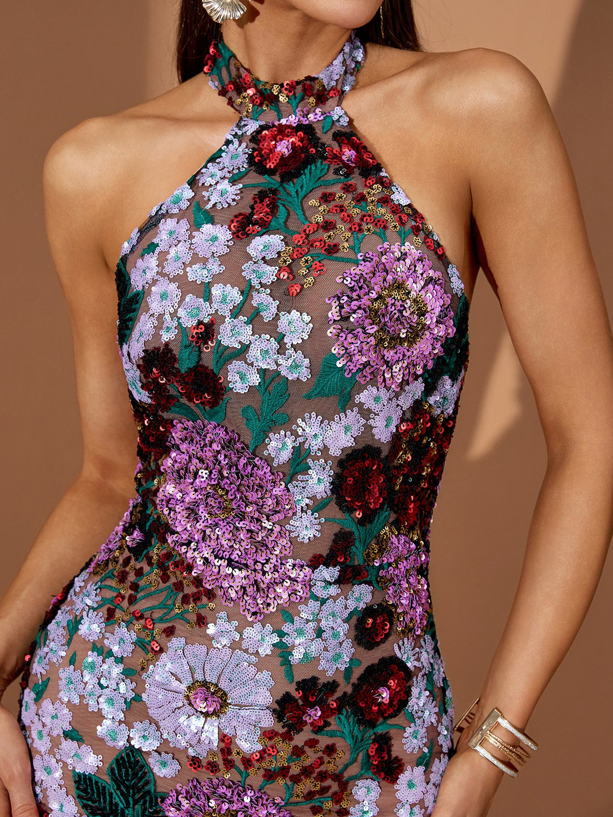 Halter Floral Sequin Mini Dress, detail view