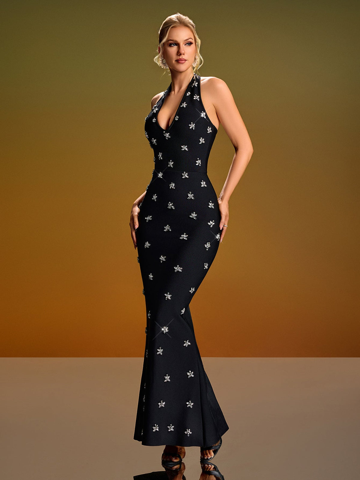Halter Rhinestone Mermaid Maxi Dress, detail view