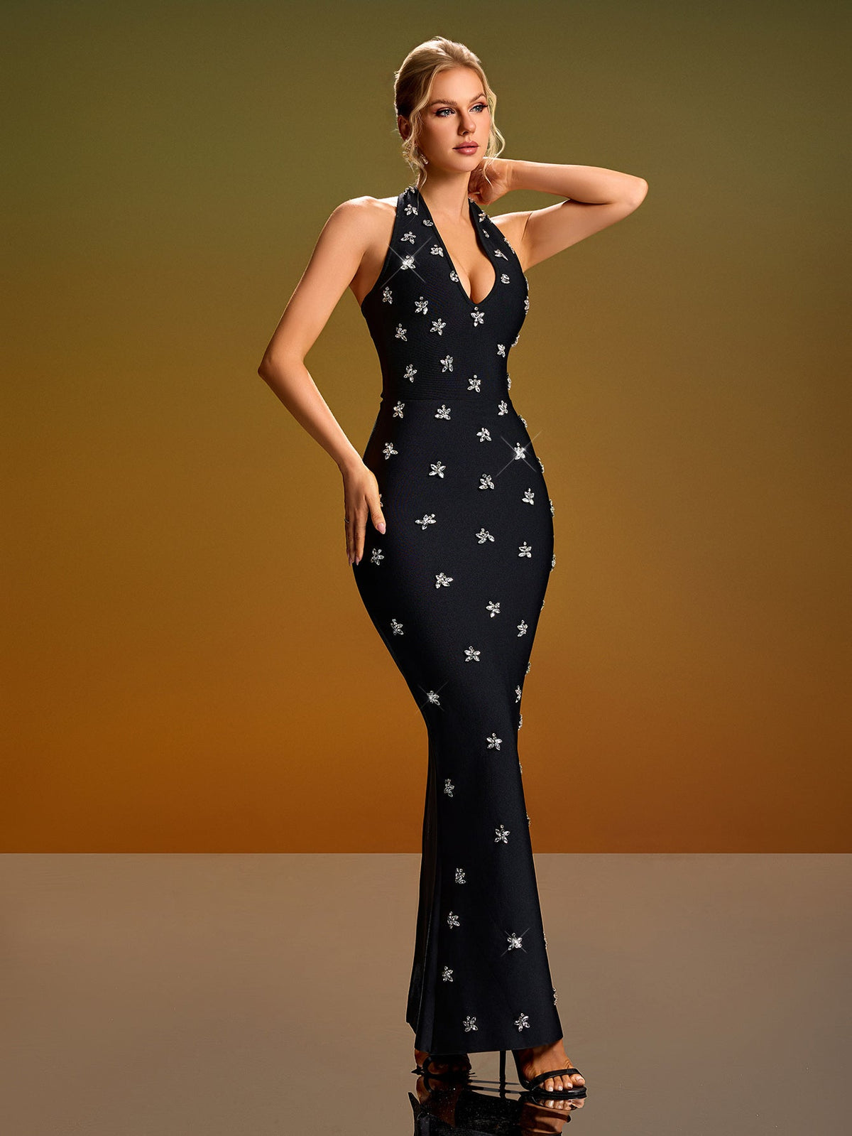 Halter Rhinestone Mermaid Maxi Dress, front full-length view