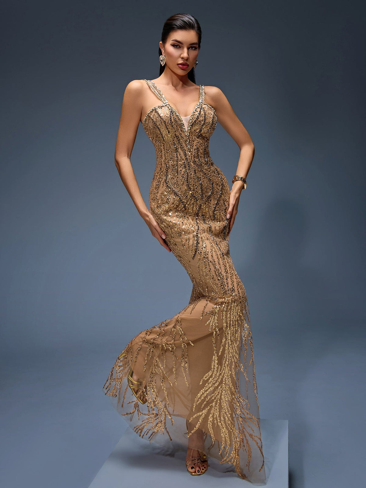 Heavy Crystal Embroidered Evening Dress, side view