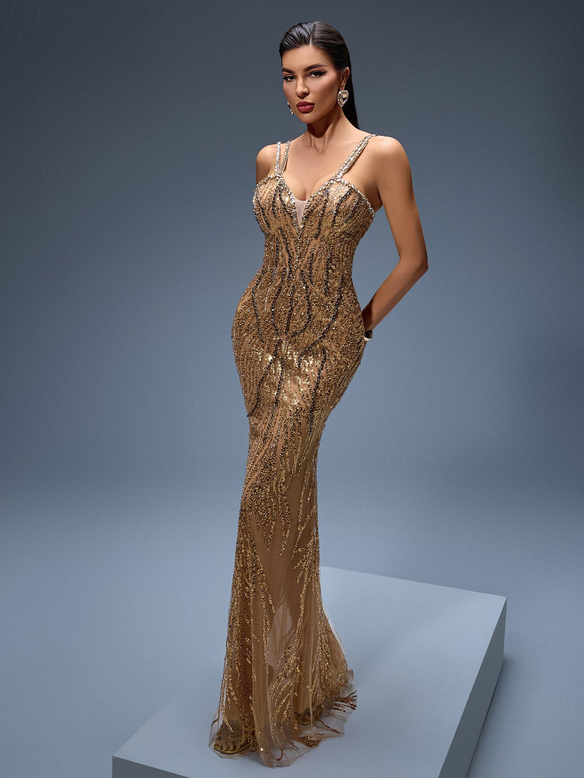 Heavy Crystal Embroidered Evening Dress, front full-length view
