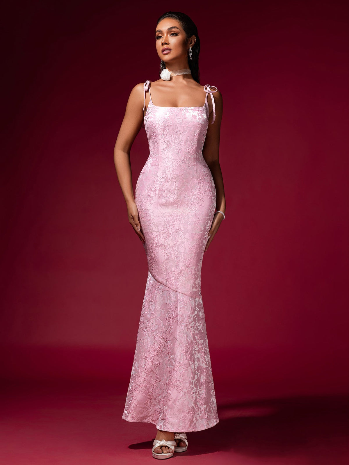Jacquard Strap Evening Dress, front view