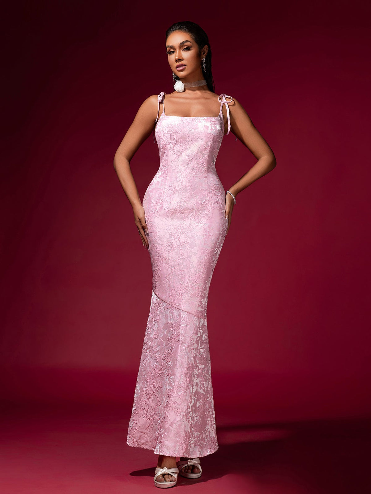 Jacquard Strap Evening Dress, back view