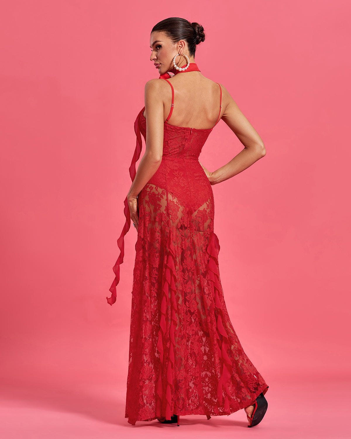 Rosette Neckline Detail Lace Maxi Dress