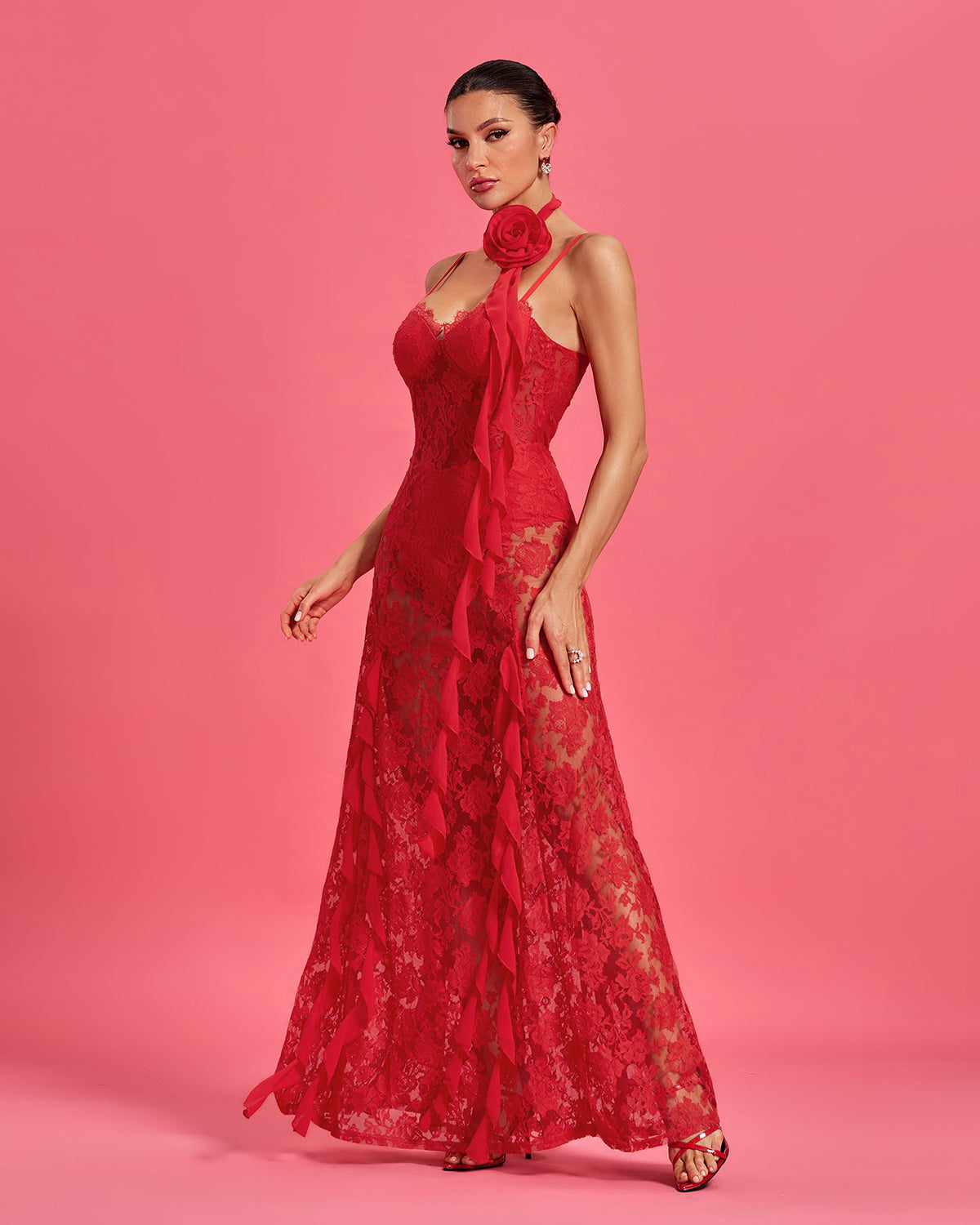 Rosette Neckline Detail Lace Maxi Dress