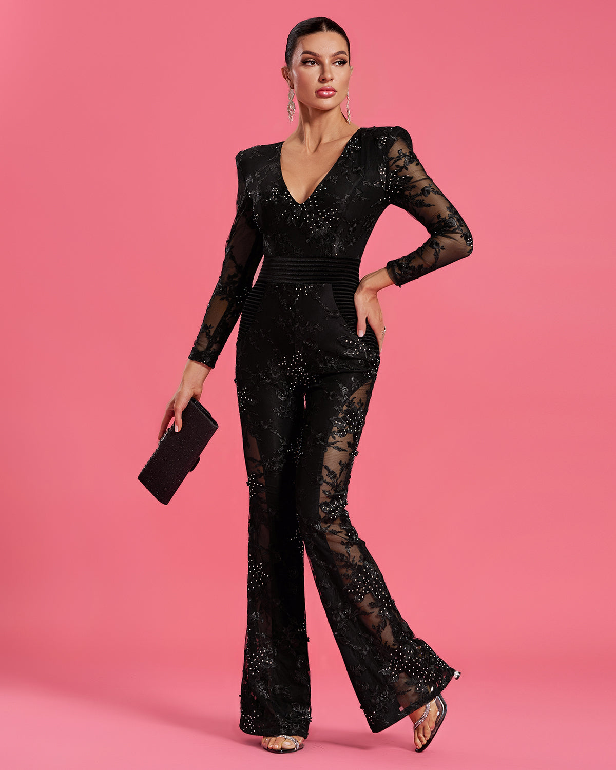 Lace Floral Bead-Embellished V-neck Jumpsuit