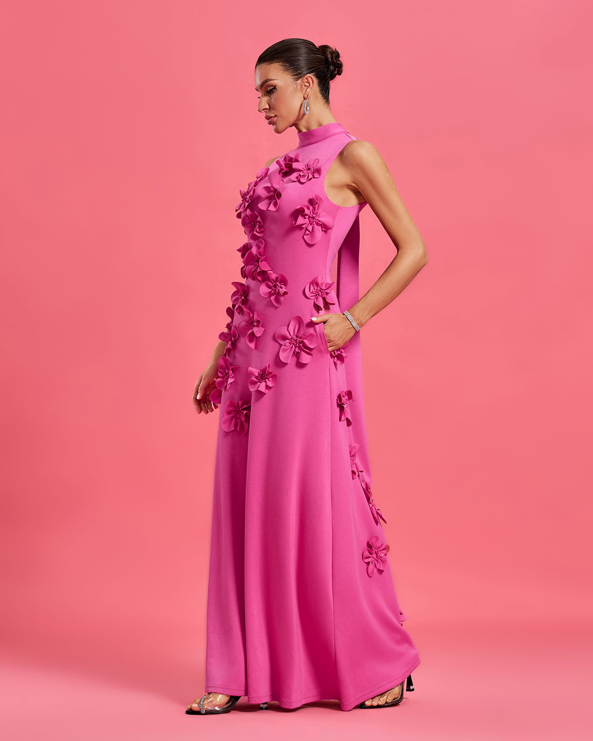 Floral-Embellished Bow-Tie Neck Maxi Dress