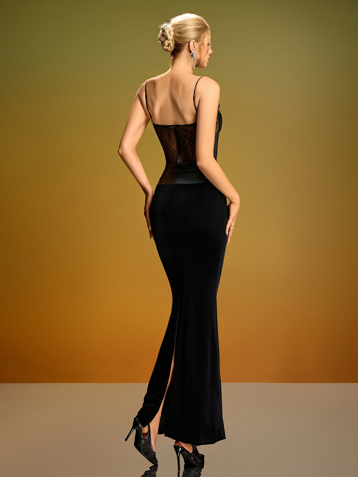 Lace Mesh Corset Velvet Maxi Dress, side view