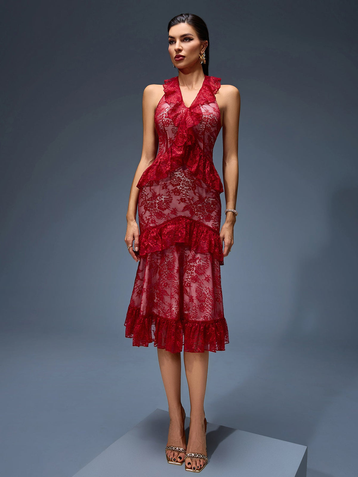 Lace Ruffled Midi Dress, front view