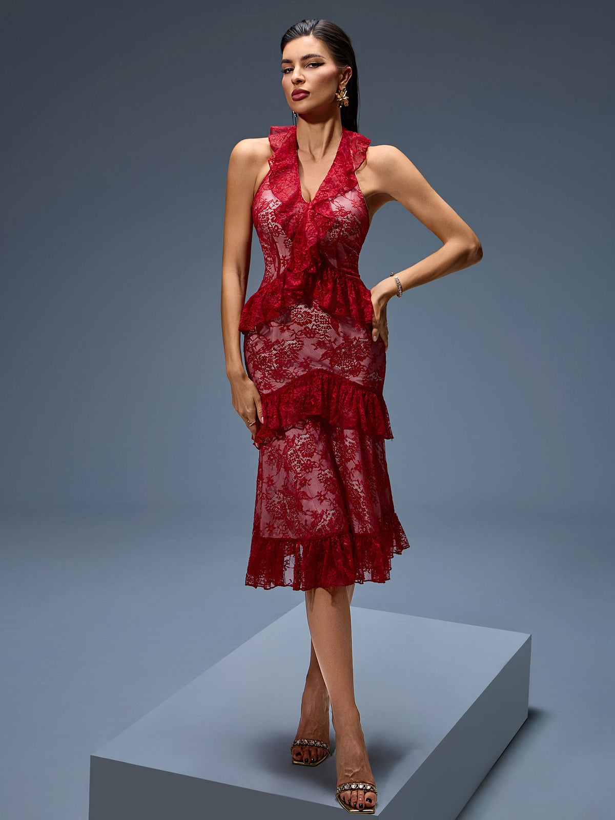 Lace Ruffled Midi Dress, detail view