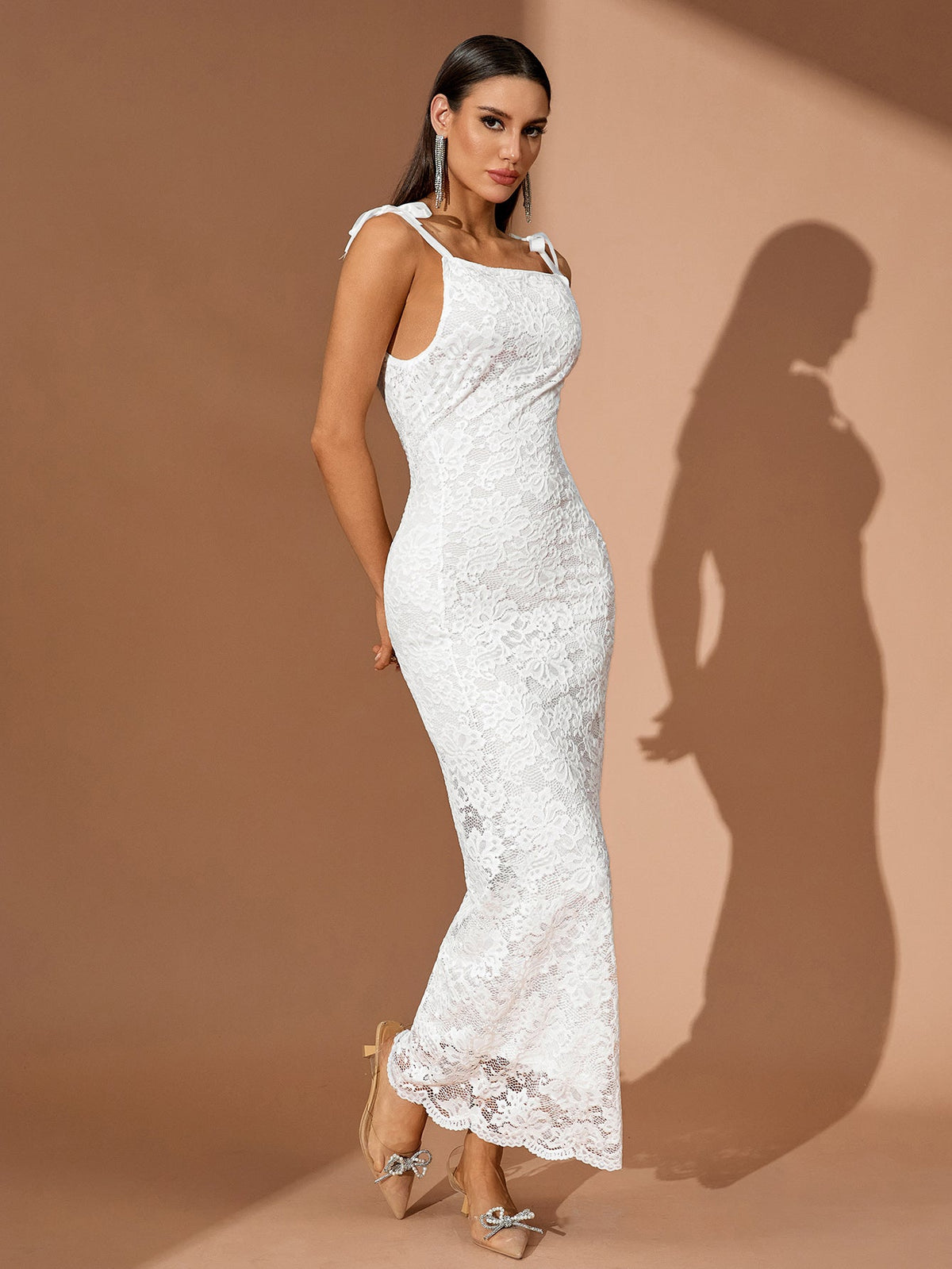 Lace Strappy Column Maxi Dress, three-quarter view