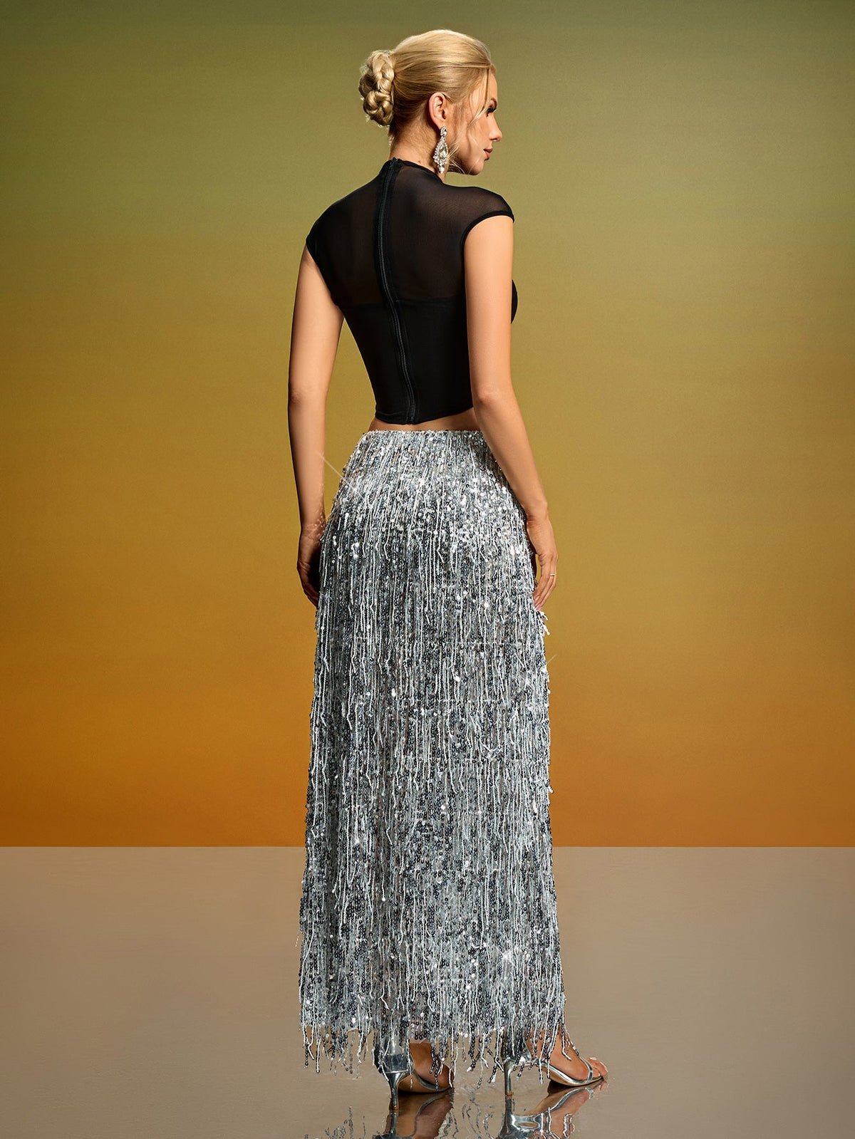 Mesh Corset Sequin Fringe Skirt Set, detail view