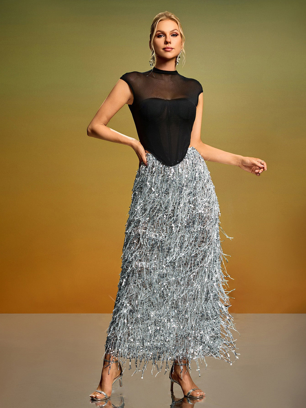 Mesh Corset Sequin Fringe Skirt Set, back detail view