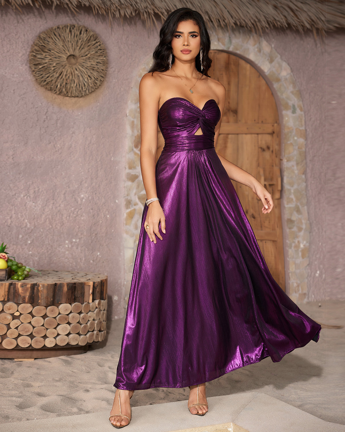 Purple metallic cutout bustier gown, full-length front view
