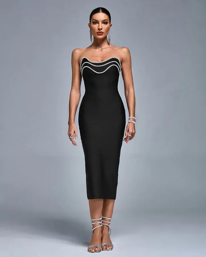 Photo of the Midi Dress Noire by Majestique in black, featuring crystal embroidery and strapless sculpted fit.