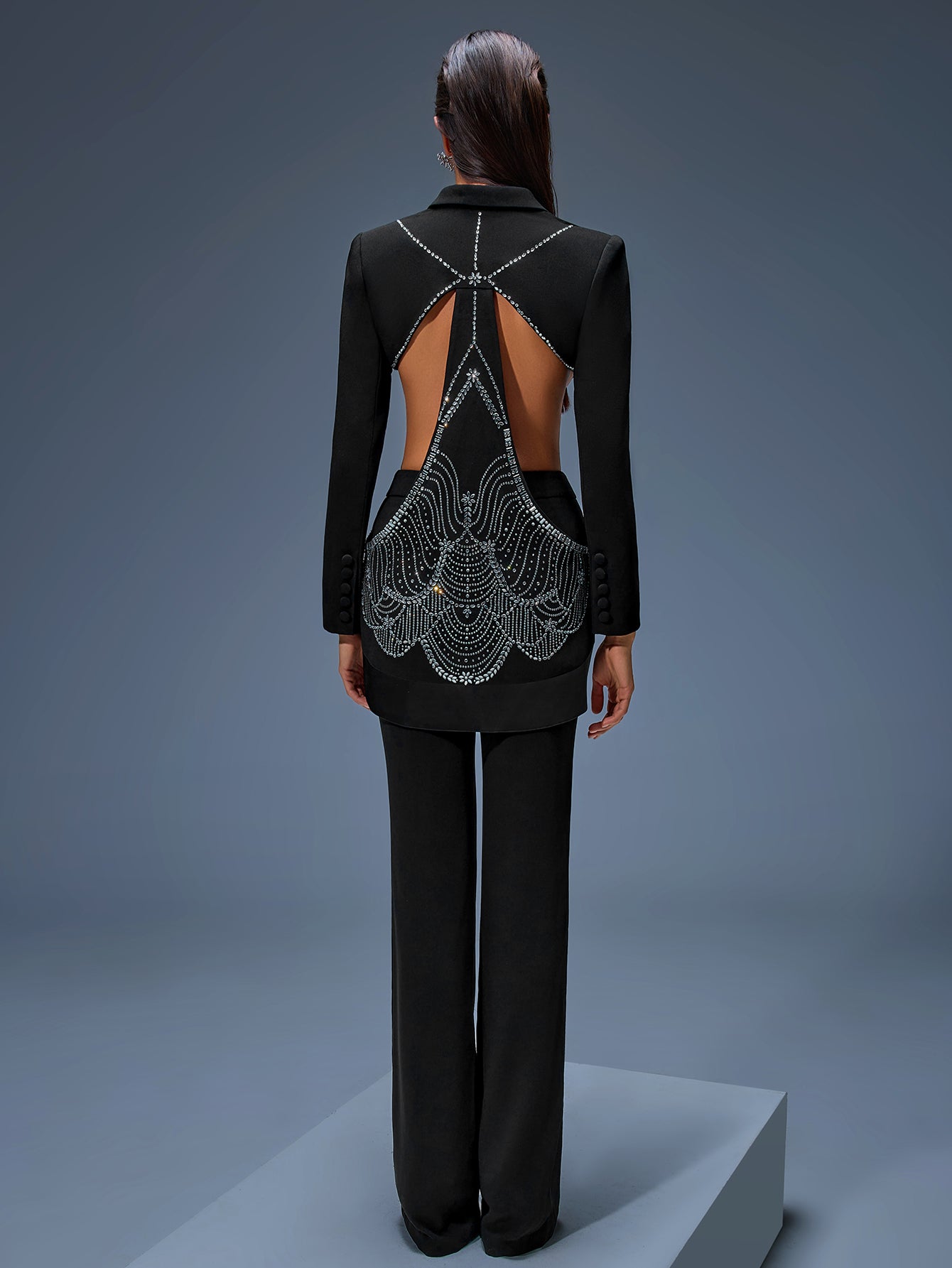 Rhinestone Hollow-out Jacket Two Piece Set