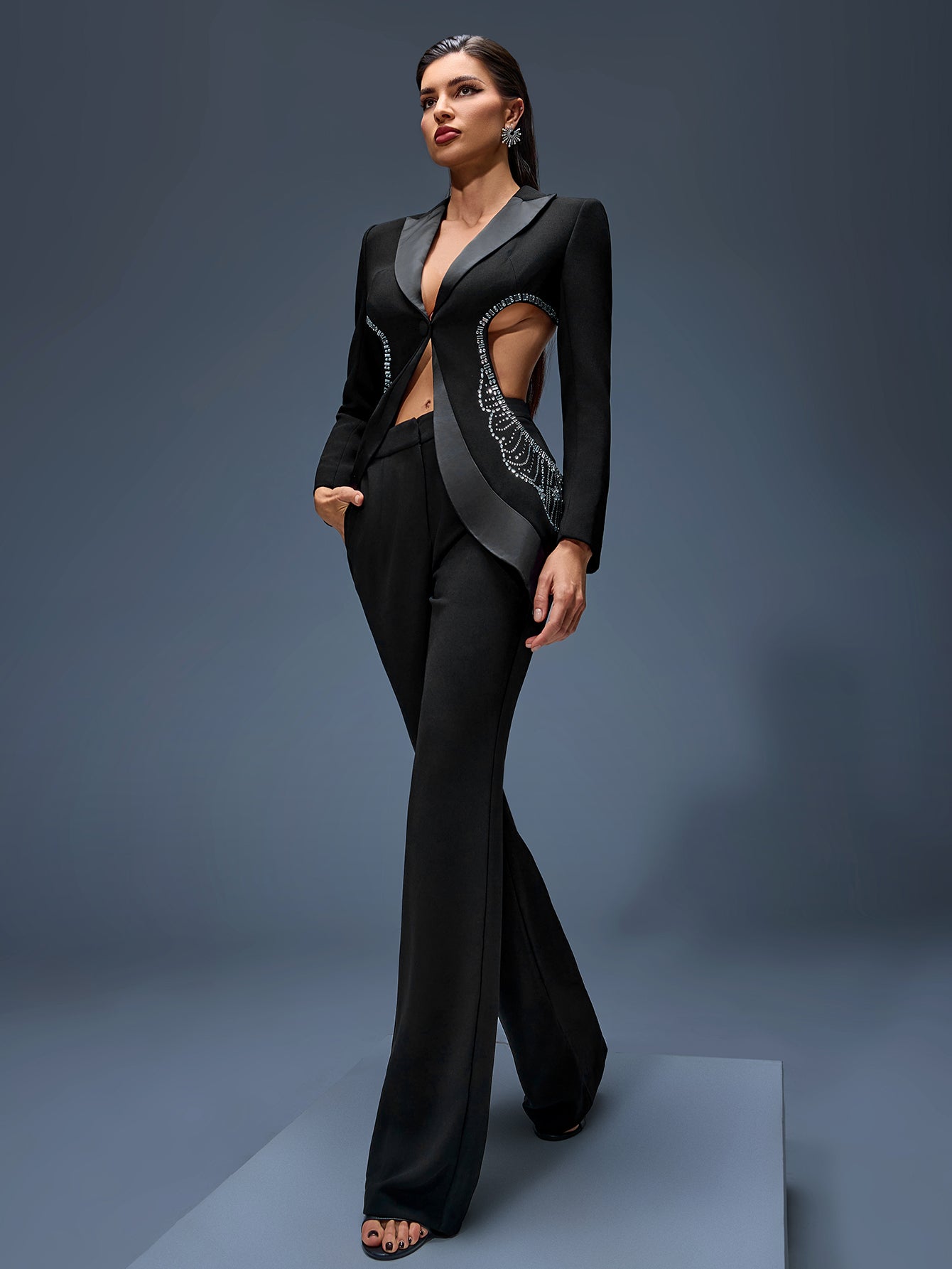 Rhinestone Hollow-out Jacket Two Piece Set