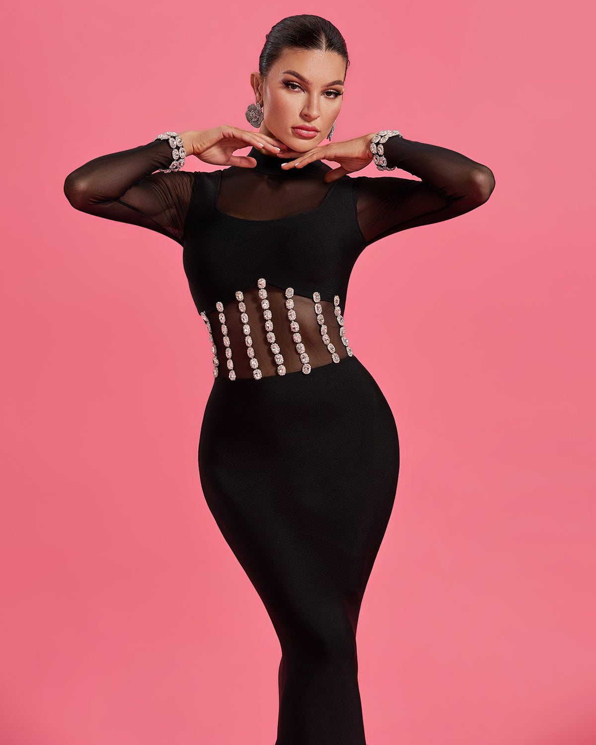 Crystal-Embellished Mesh Bandage Mermaid Dress
