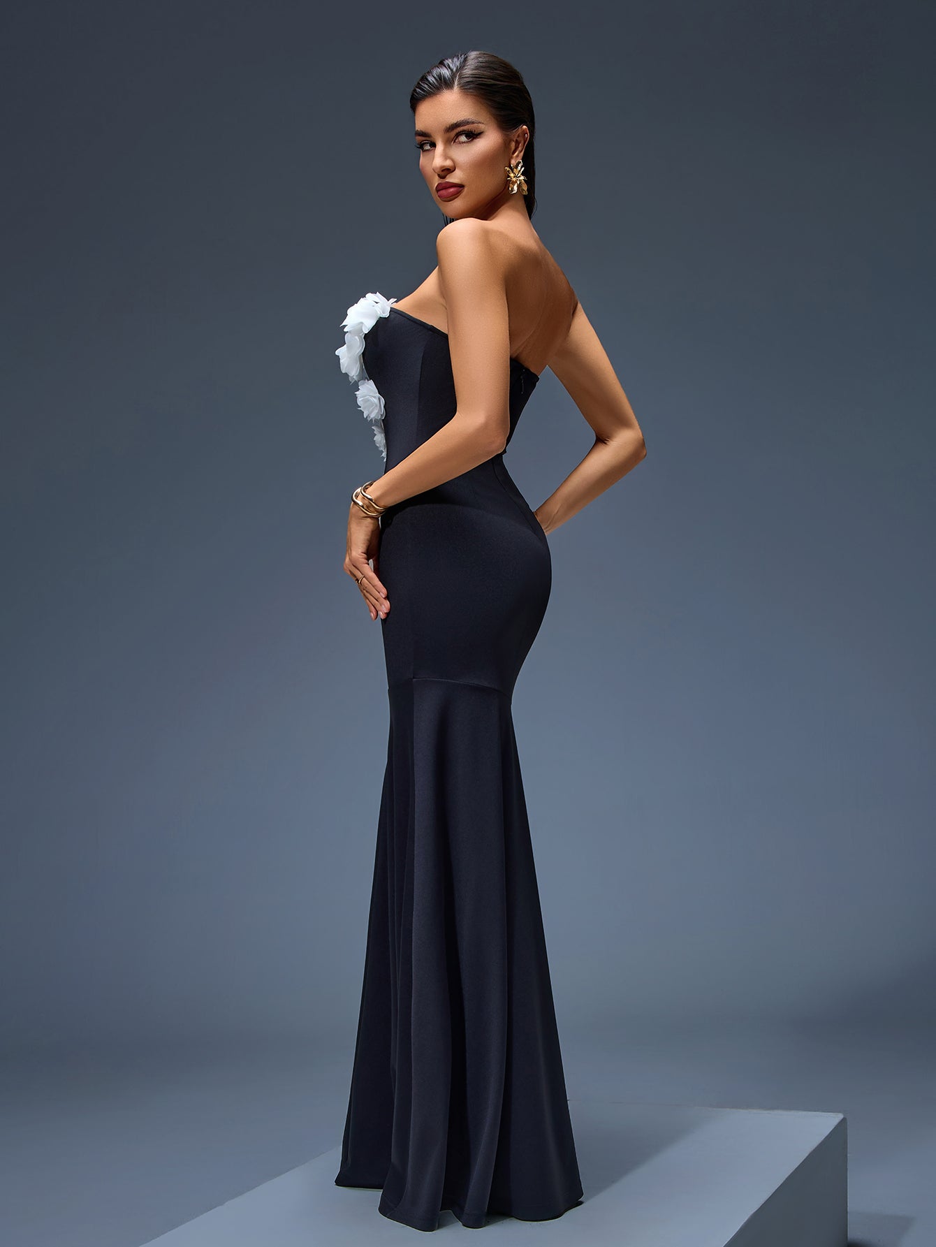 Strapless 3D Flowers Mermaid Maxi Dress