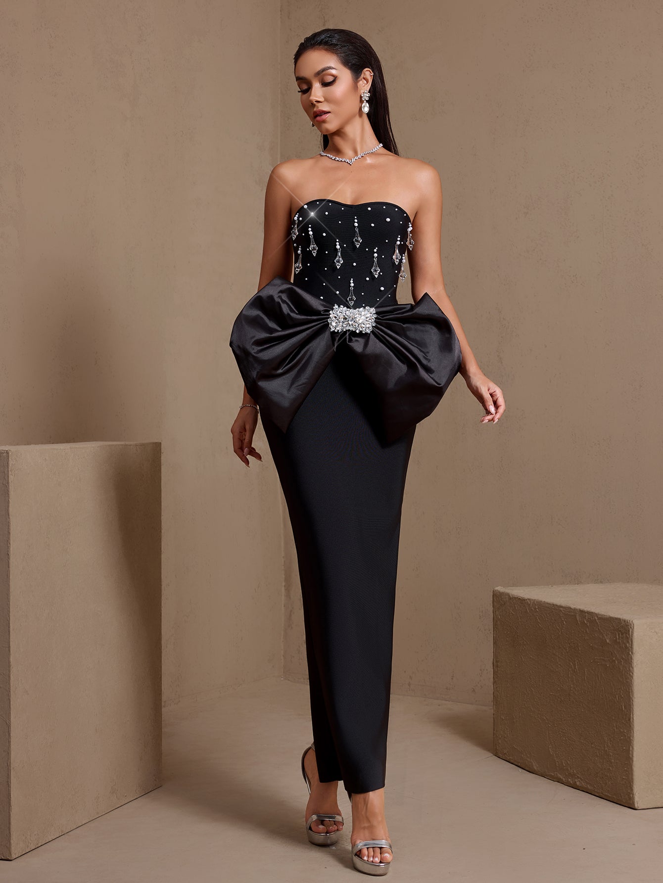 Huge Bow Crystal Strapless Bandage Dress