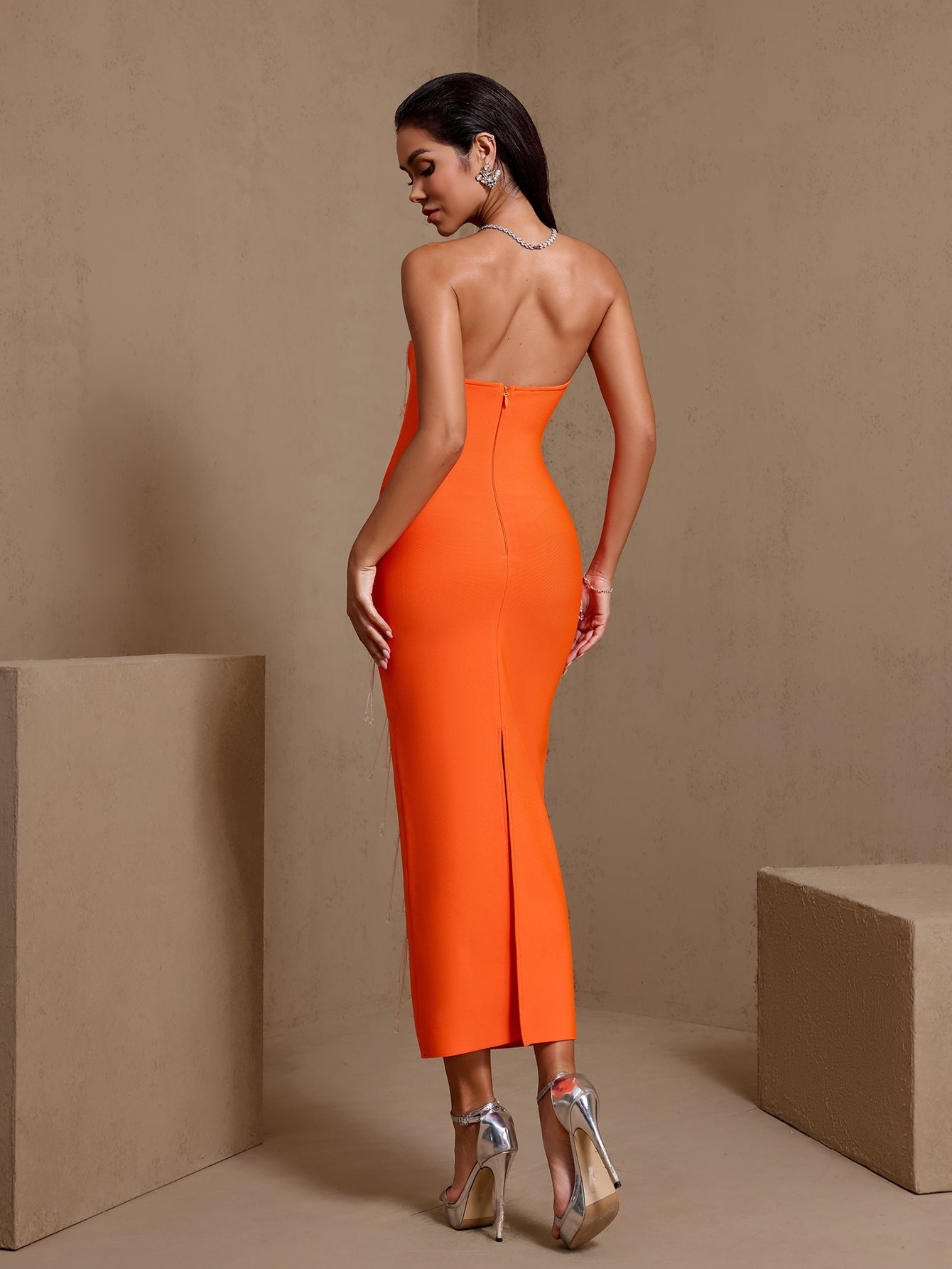 Strapless Crystal Beading Midi Bandage Dress