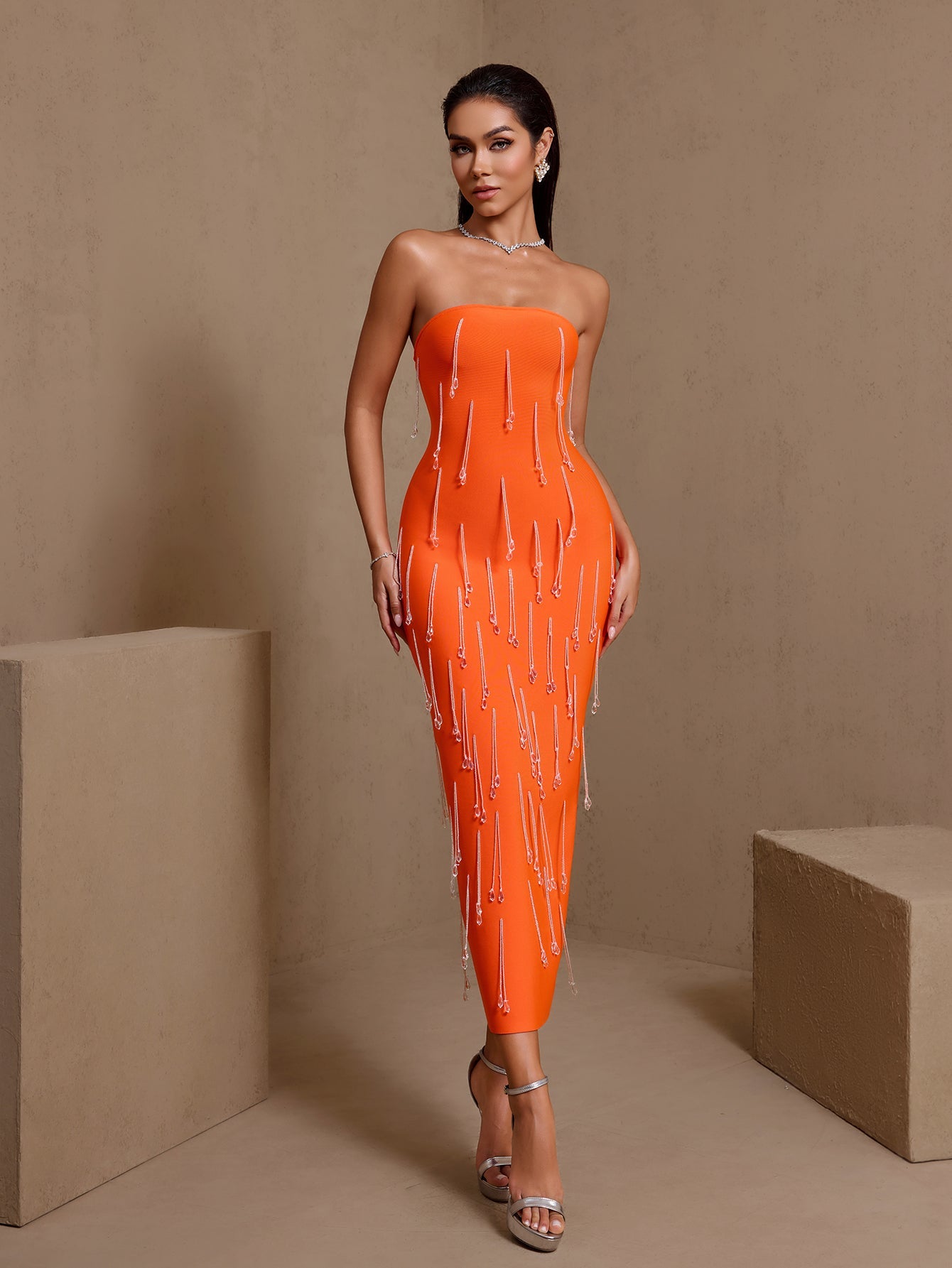 Strapless Crystal Beading Midi Bandage Dress