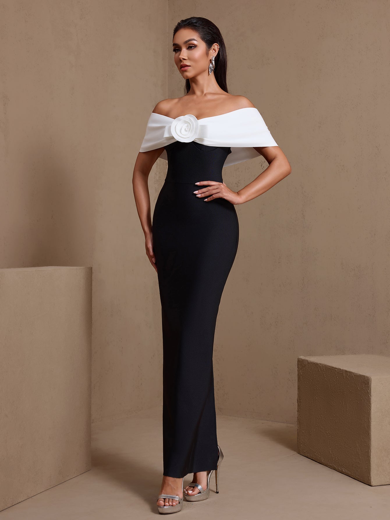 Off Shoulder White Flower Bandage Dress