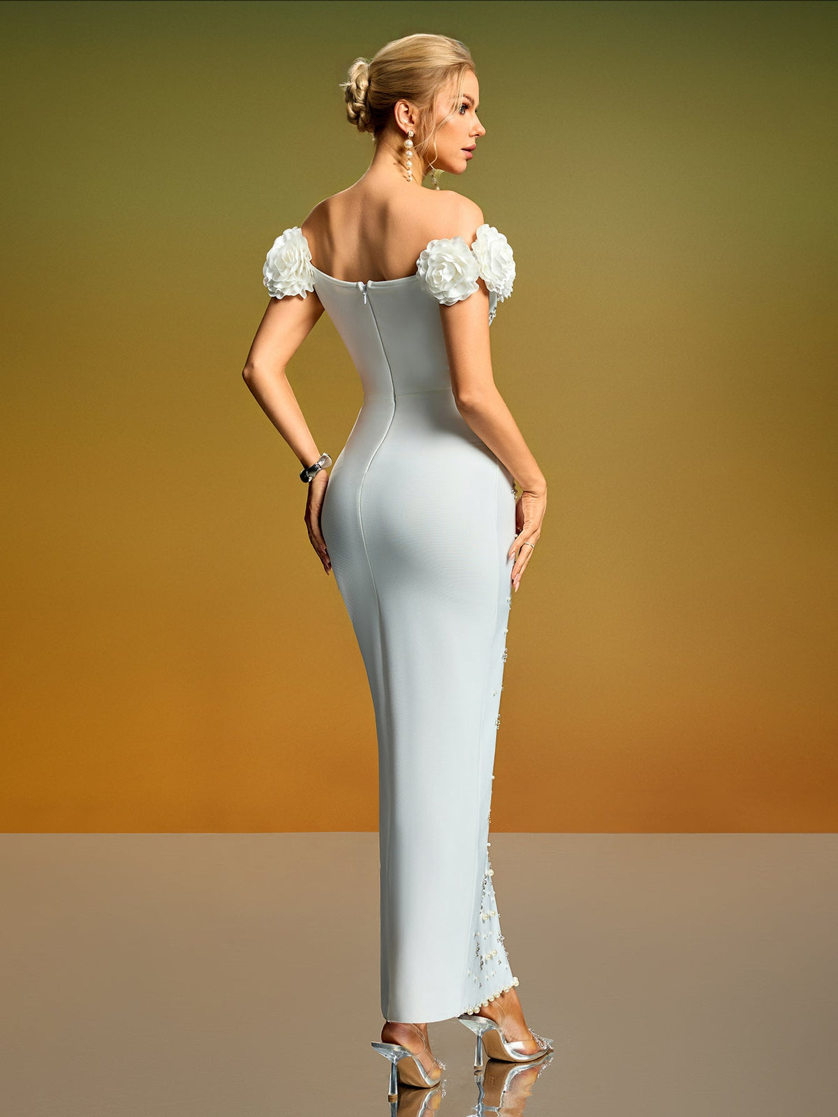 Off-Shoulder 3D Flower Pearl Bandage Dress, side view