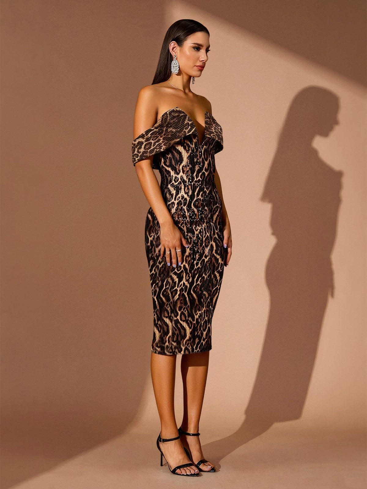 Off-Shoulder Animal Print Sequin Midi Dress, side view