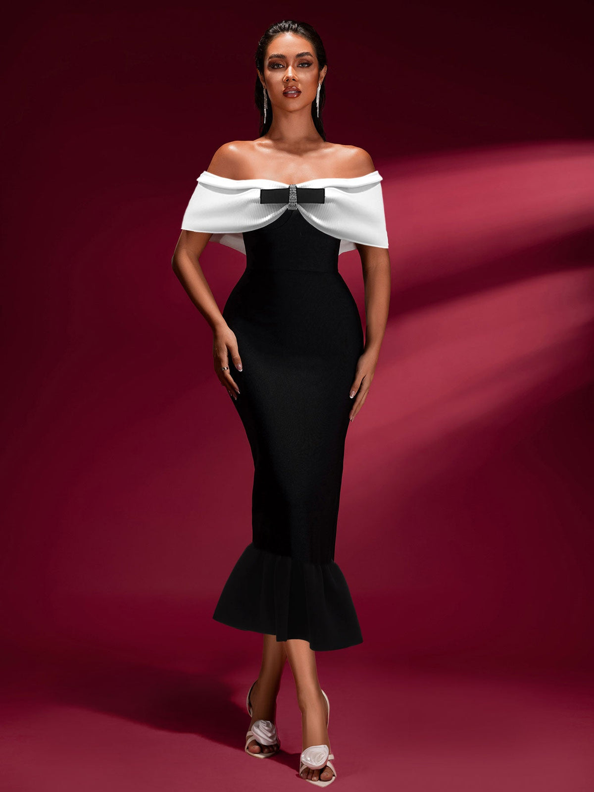Off-Shoulder Bow Fishtail Bandage Dress, back view
