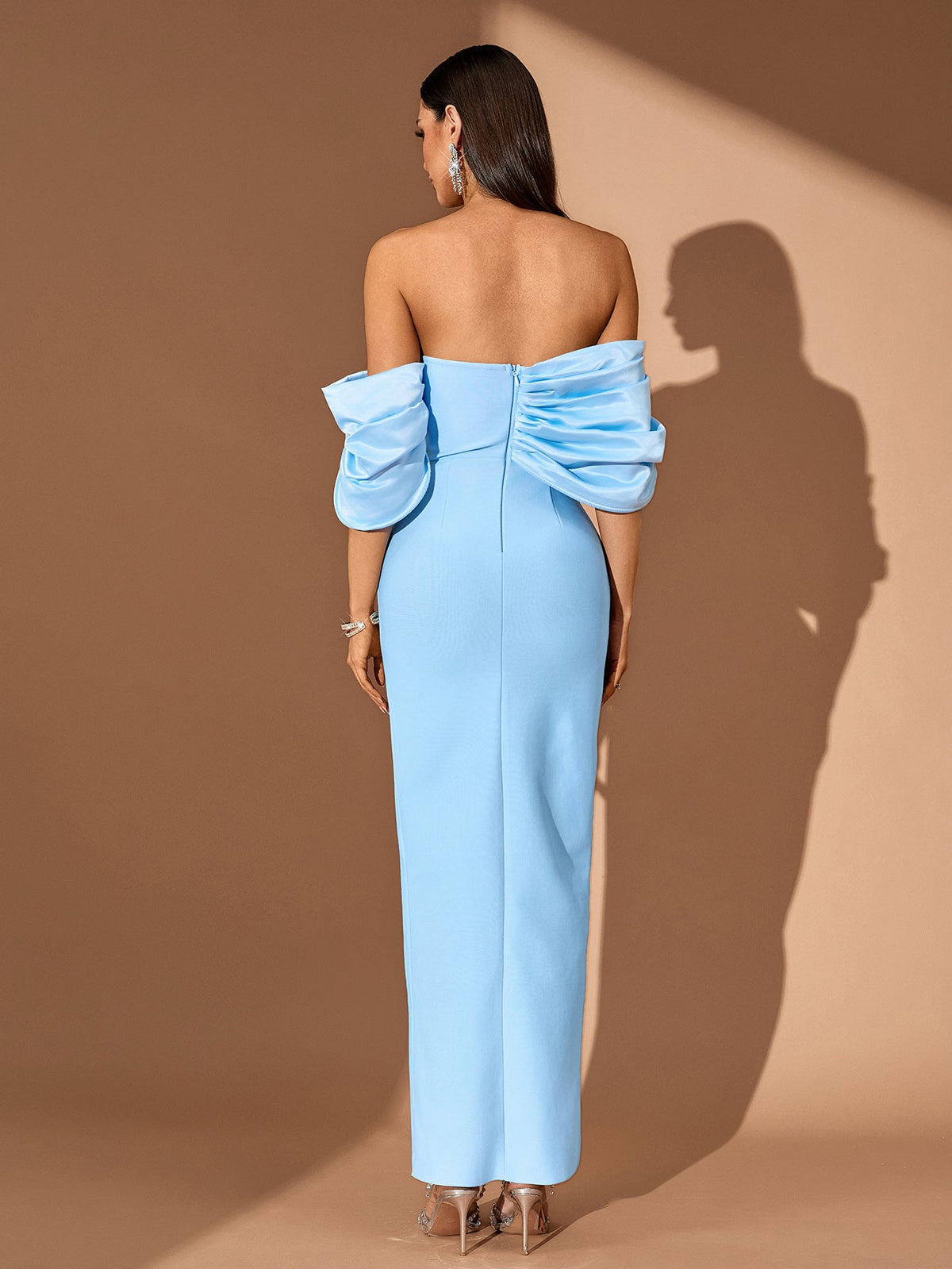 Off-Shoulder Crystal Bow Bandage Maxi Dress, back view