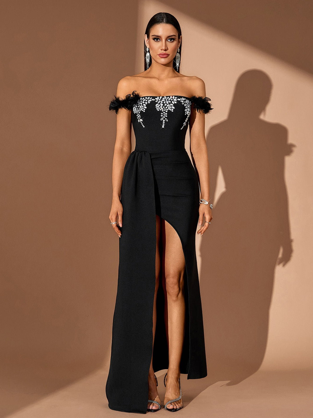 Off-Shoulder Crystal Feather-Trim Maxi Dress, front view
