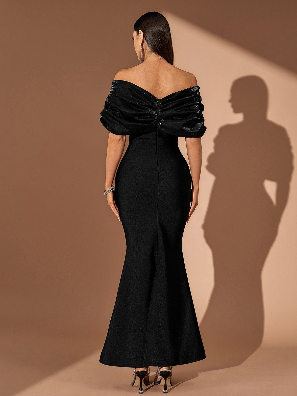Off-Shoulder Crystal Fishtail Bandage Maxi Dress, back view