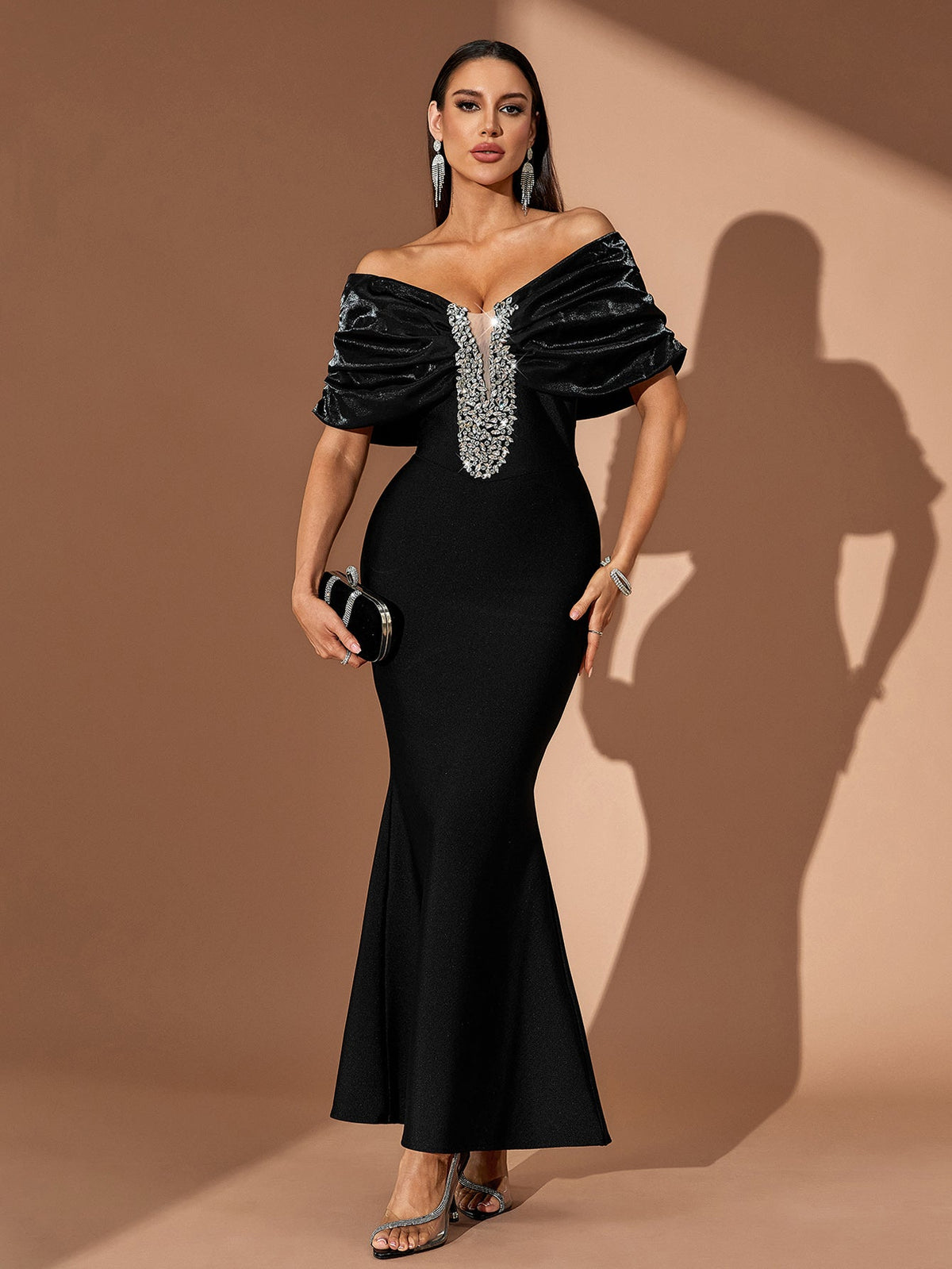 Off-Shoulder Crystal Fishtail Bandage Maxi Dress, side view