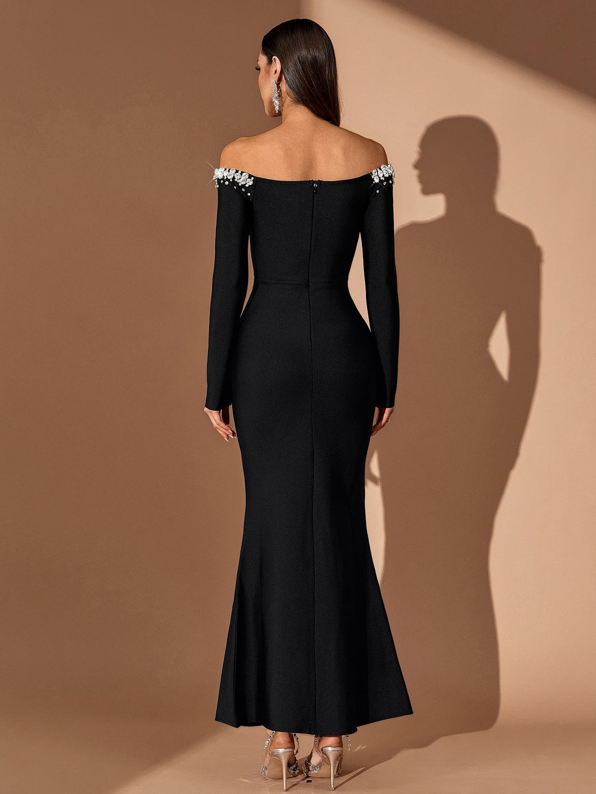 Off-Shoulder Crystal V-Neck Bandage Maxi Dress, back view