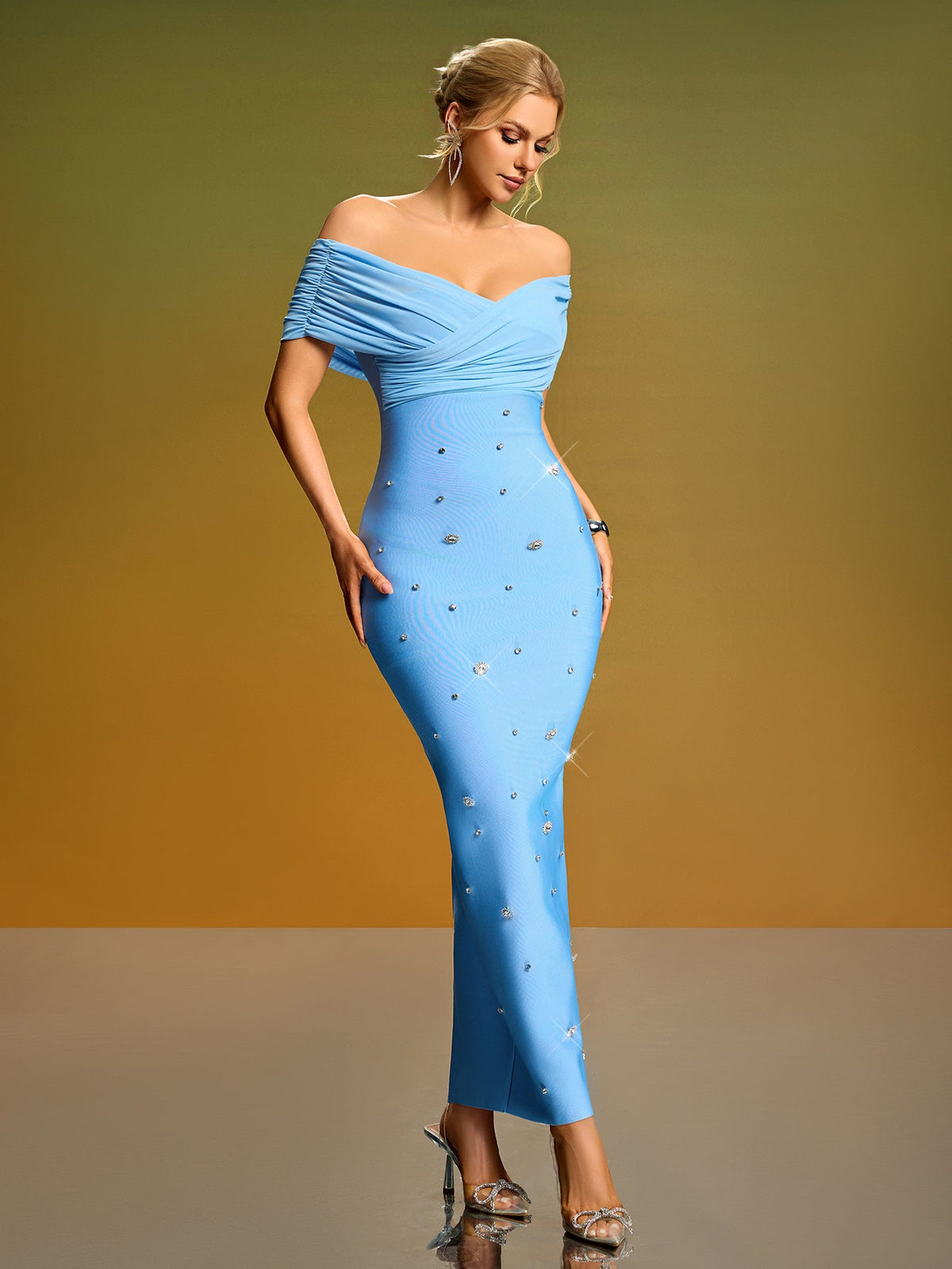 Off-Shoulder Mesh Crystal Bandage Dress, front view