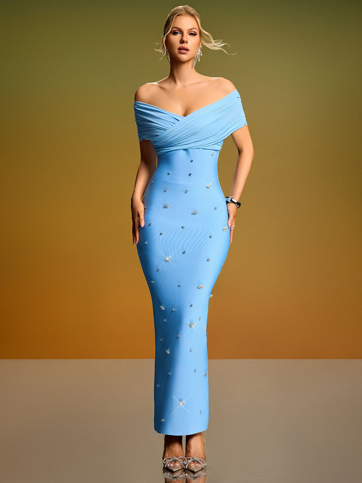 Off-Shoulder Mesh Crystal Bandage Dress, front full-length view