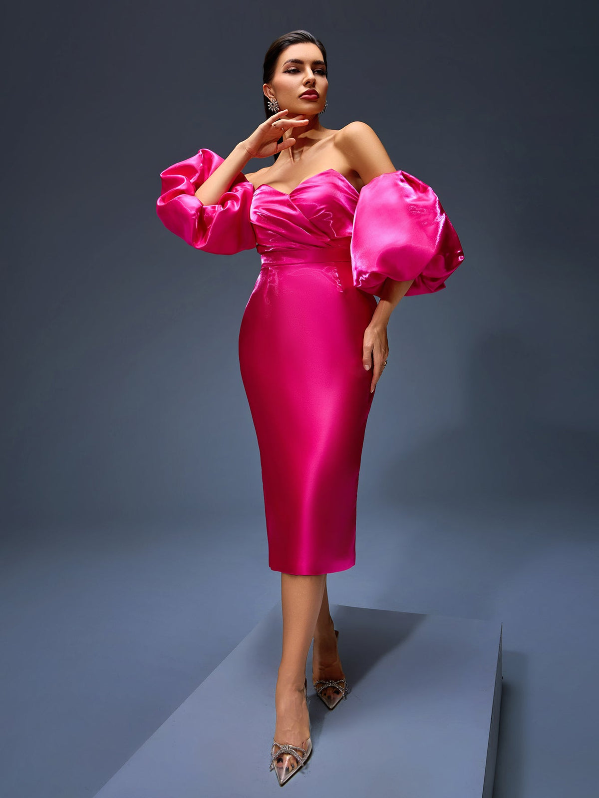 Off-Shoulder Puff-Sleeve Ruffle Satin Dress, front view