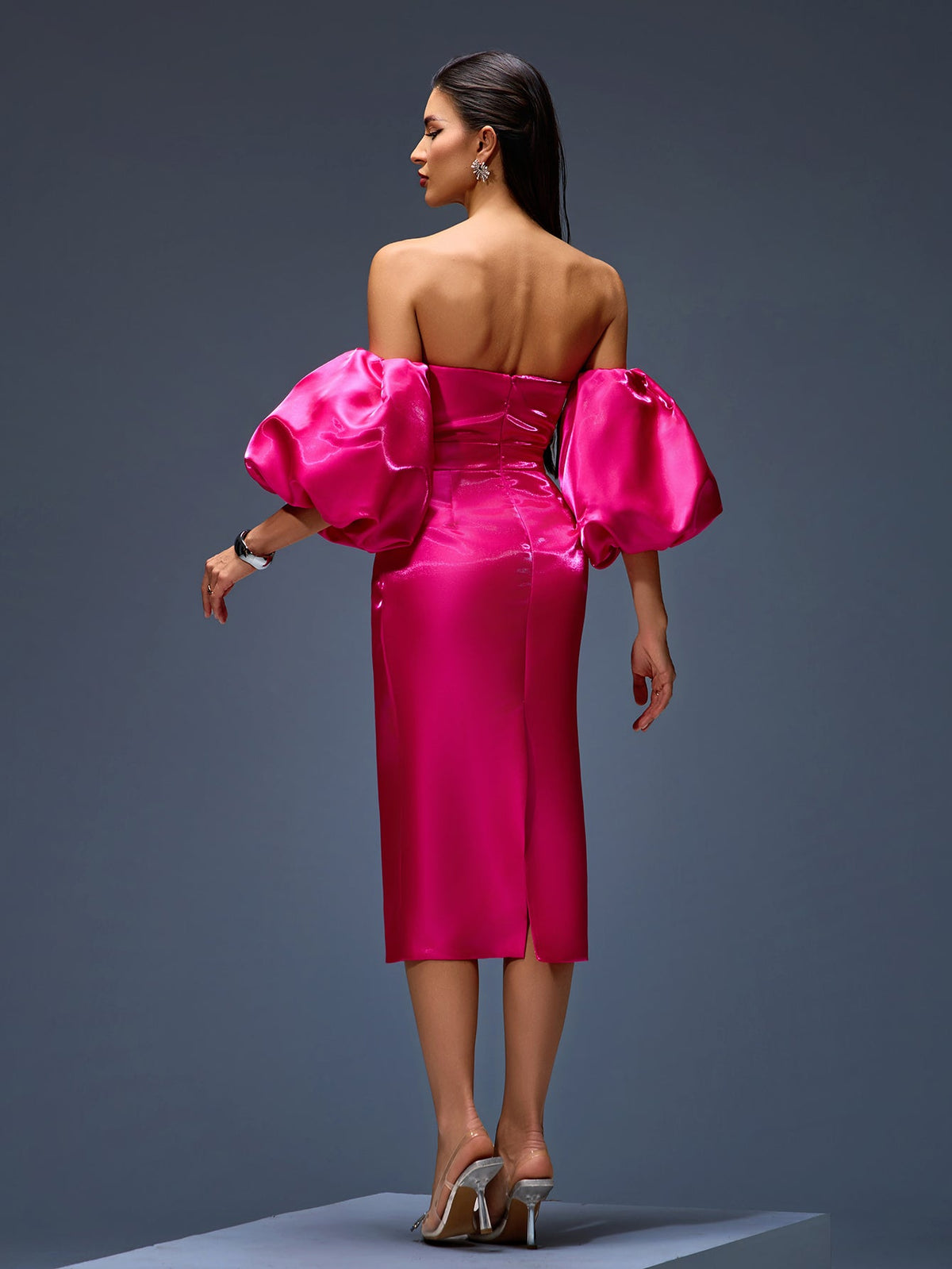 Off-Shoulder Puff-Sleeve Ruffle Satin Dress, side view