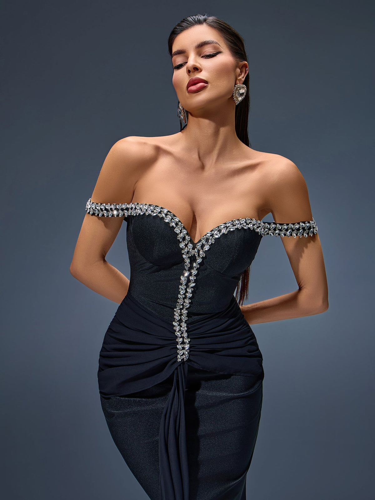Off-Shoulder Rhinestone Mesh Maxi Dress, back view