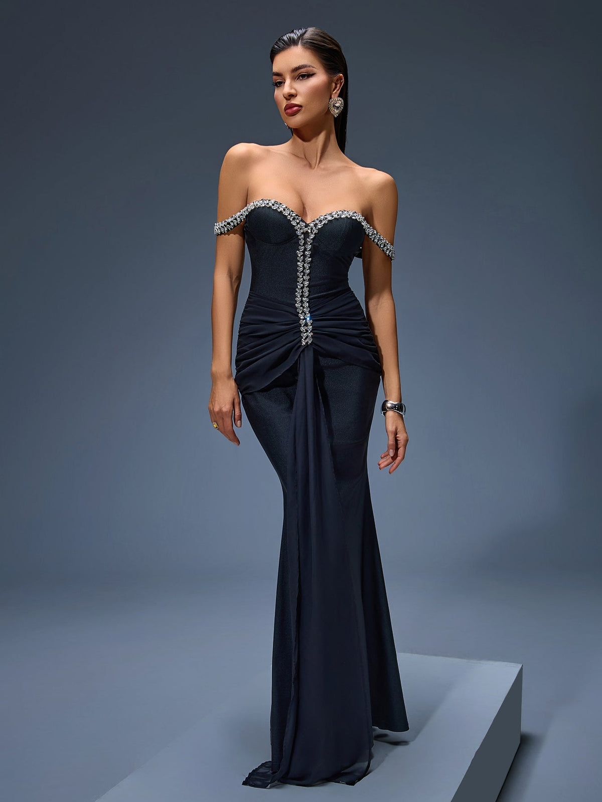 Off-Shoulder Rhinestone Mesh Maxi Dress, back detail view