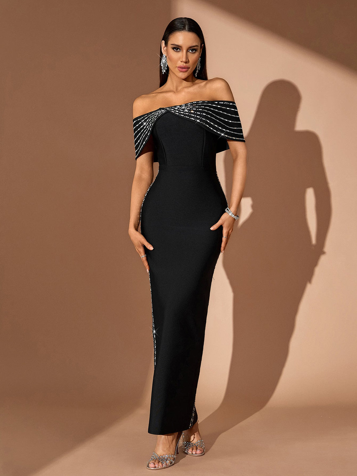 Off-Shoulder Rhinestone-Trim Bandage Maxi Dress, front view