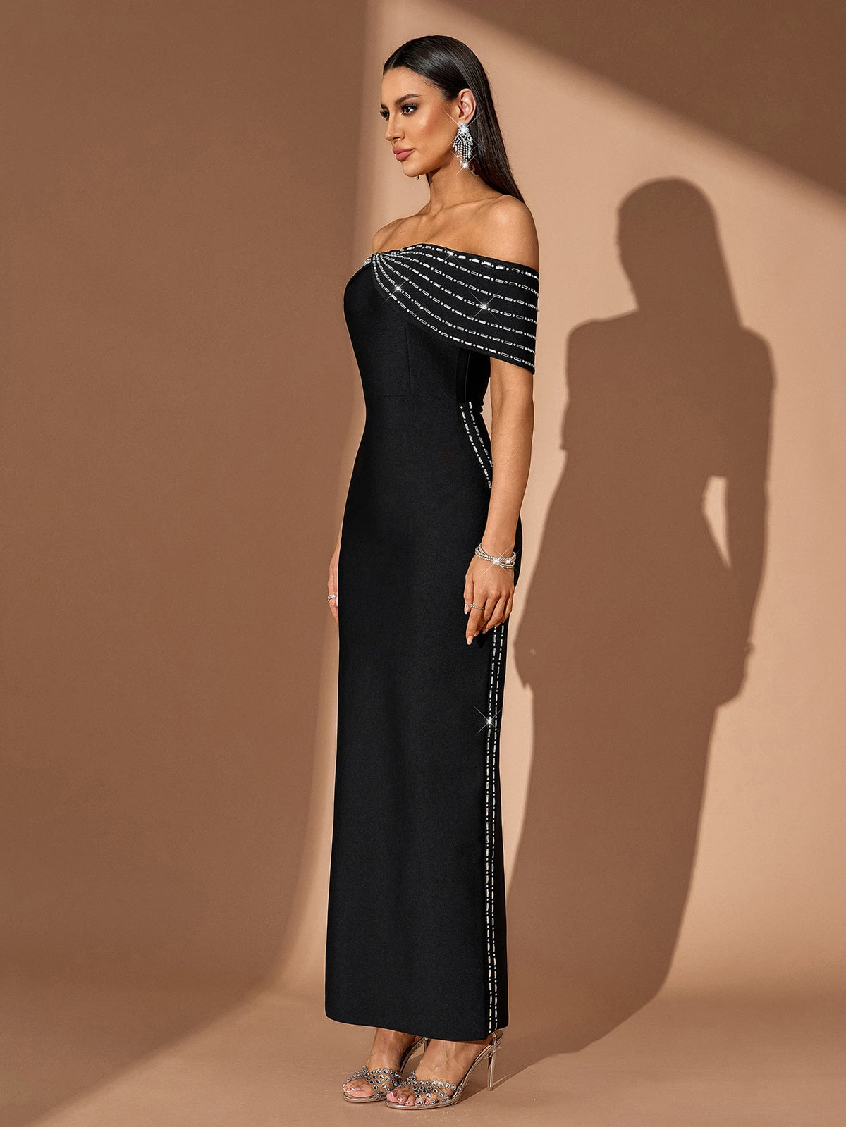 Off-Shoulder Rhinestone-Trim Bandage Maxi Dress, full-length styling view