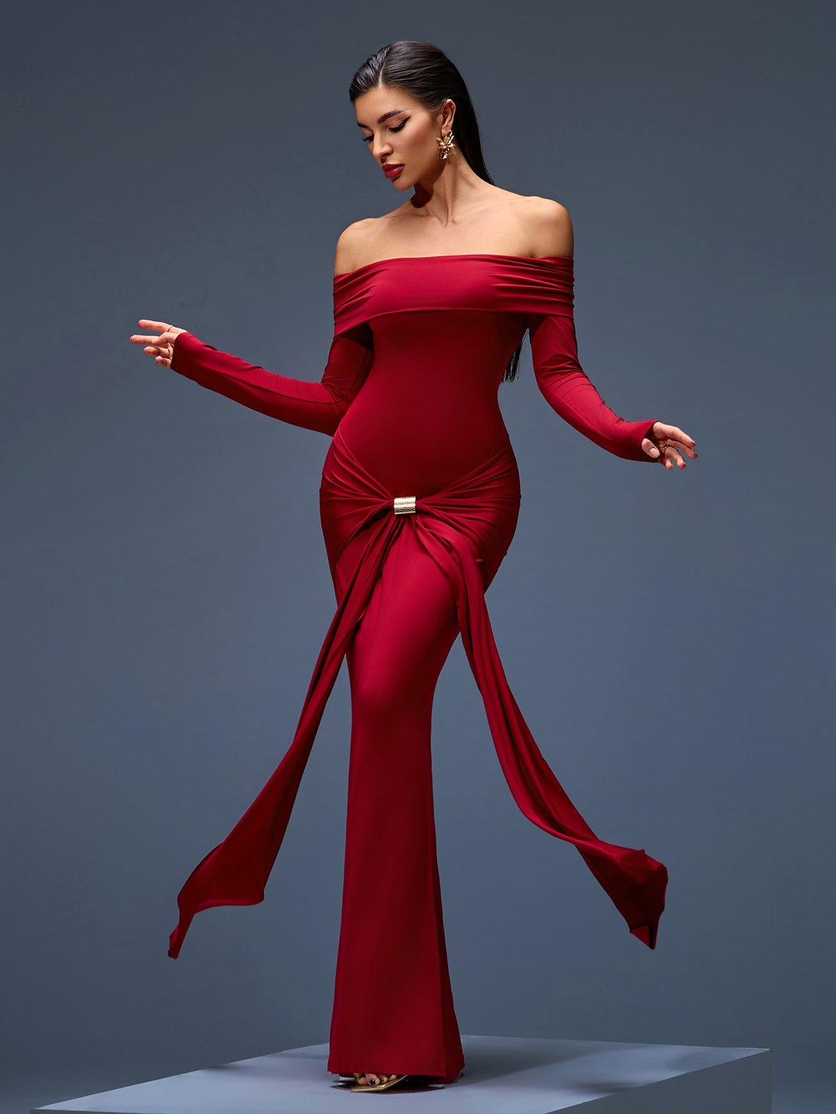 Off-Shoulder Ruched Mermaid Maxi Dress, detail view