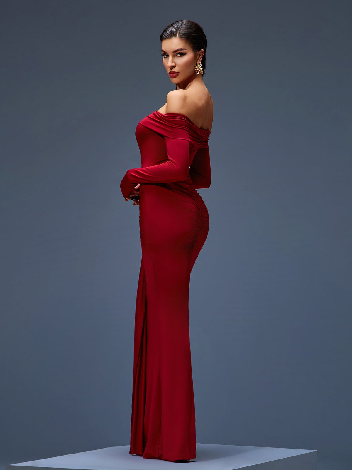 Off-Shoulder Ruched Mermaid Maxi Dress, front full-length view