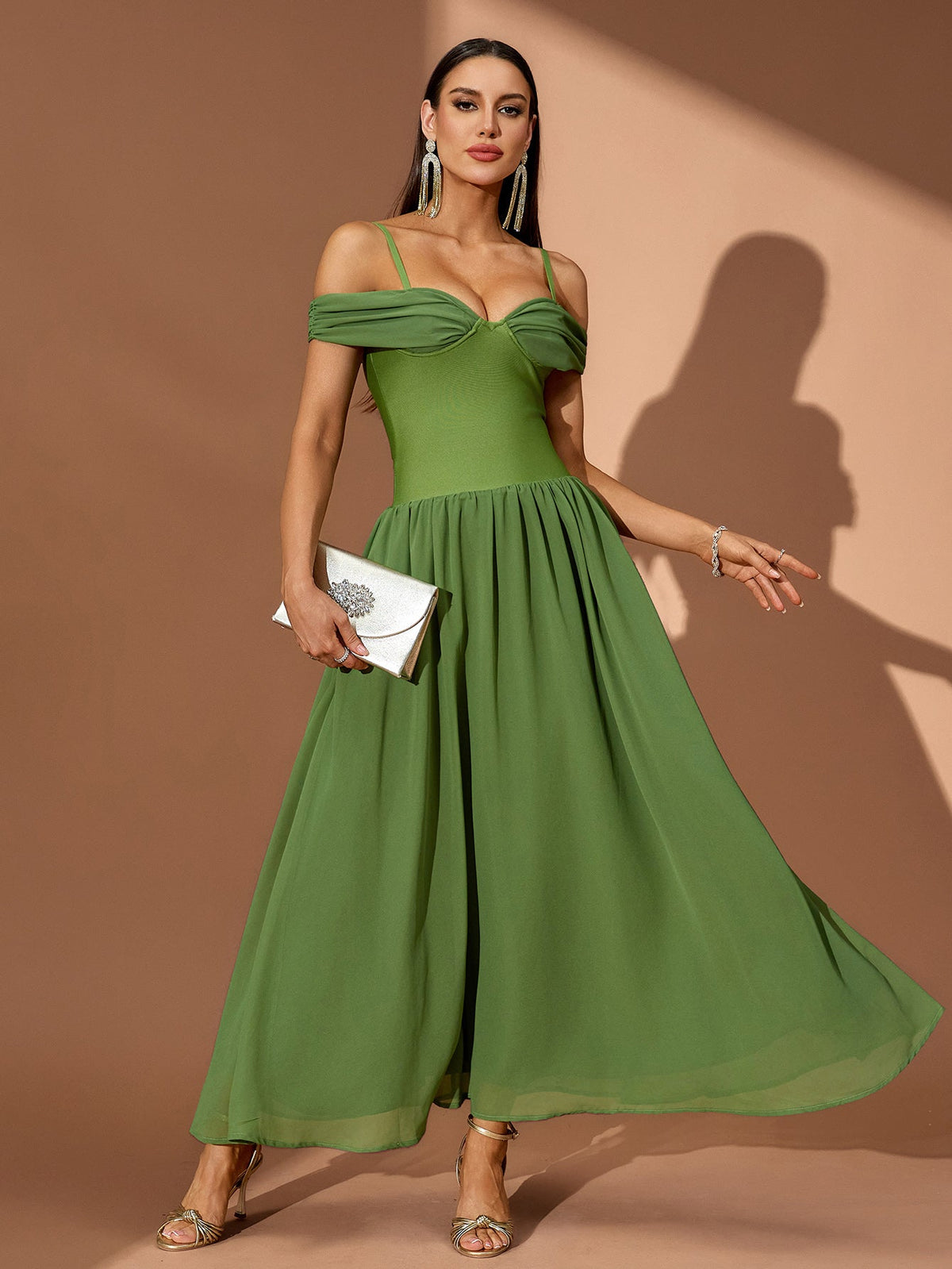 Off-Shoulder Ruffle Draped Maxi Dress, front view