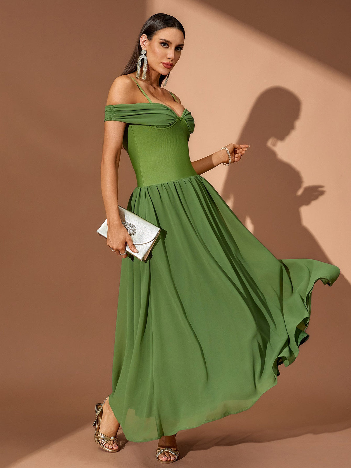 Off-Shoulder Ruffle Draped Maxi Dress, three-quarter view