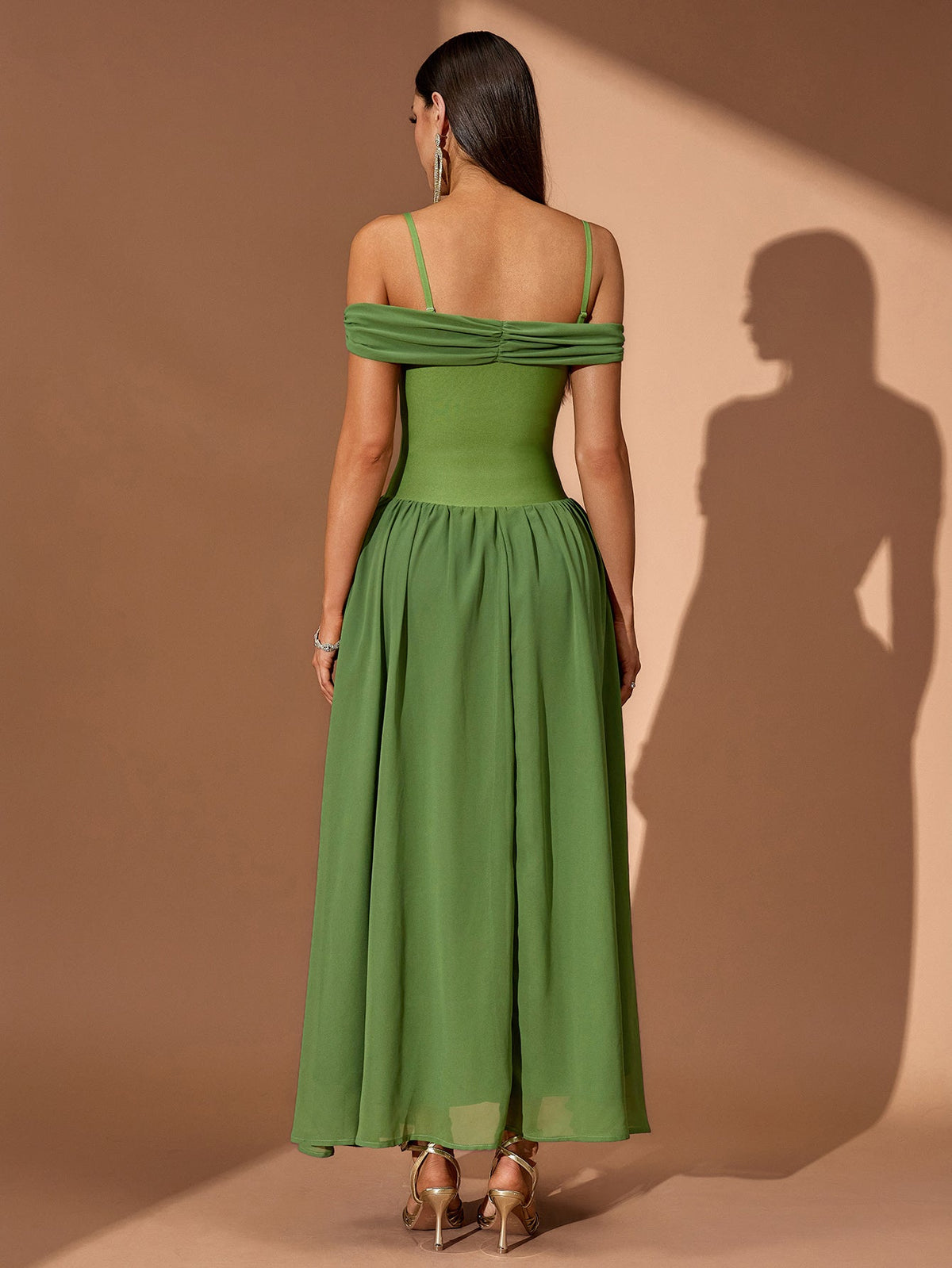 Off-Shoulder Ruffle Draped Maxi Dress, back view