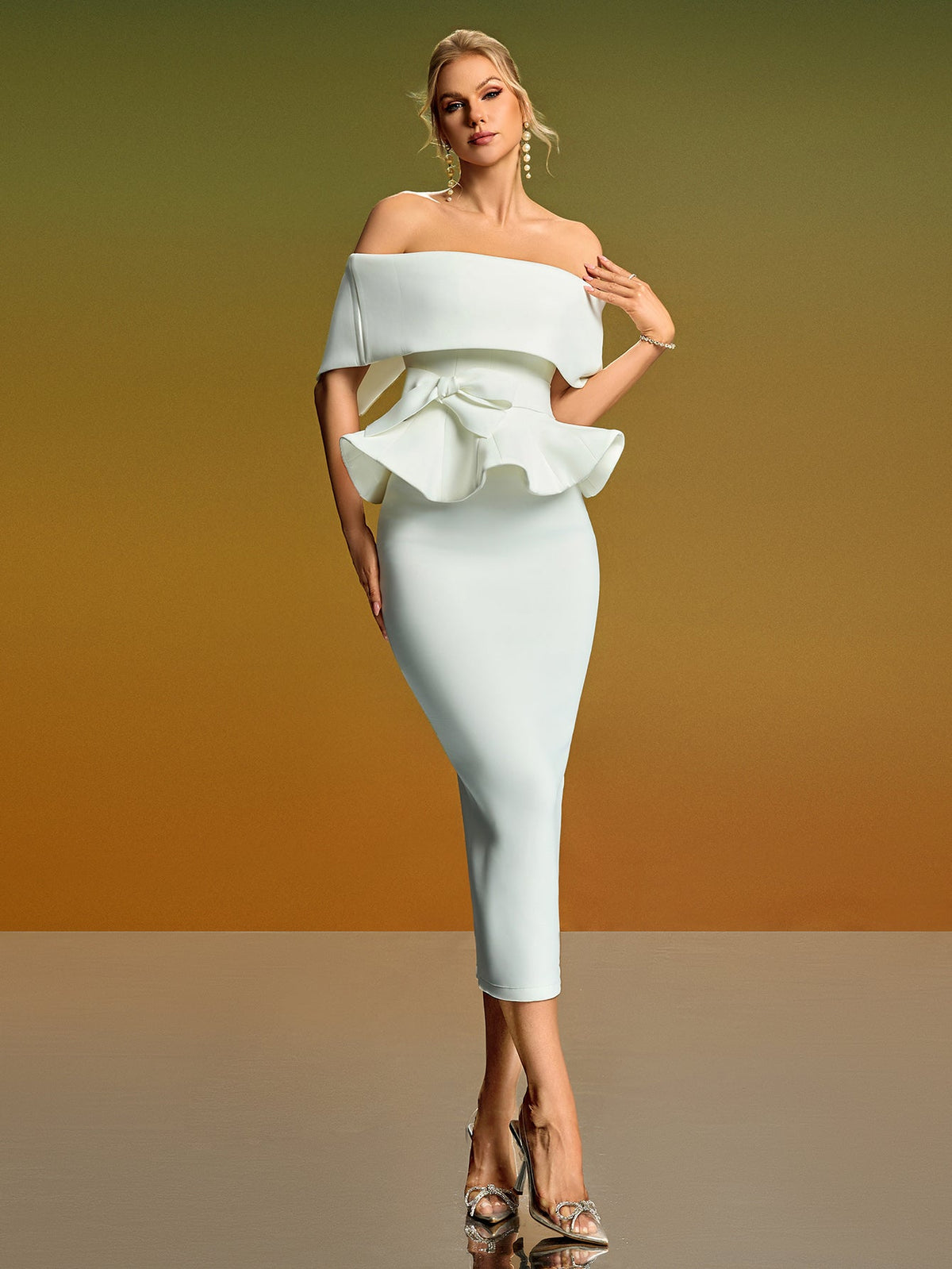 Off-Shoulder Ruffle Skirt Suit, front view
