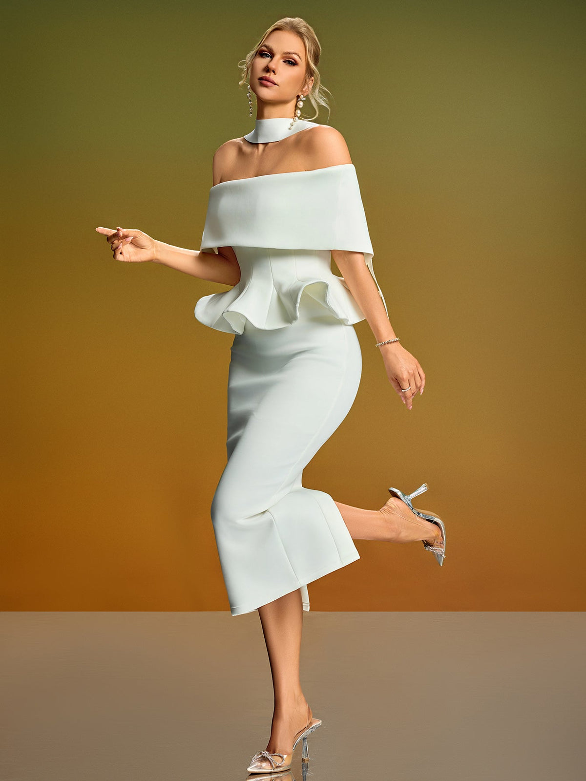 Off-Shoulder Ruffle Skirt Suit, detail view
